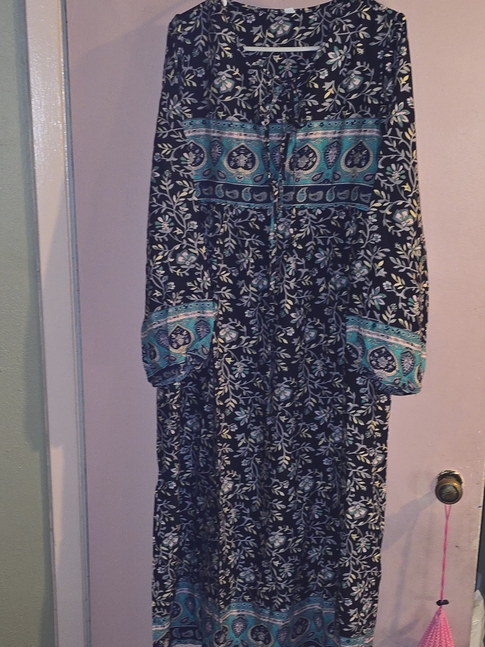 NWOT Boho Floral Paisley Border Print Maxi Dress Blue Teal Turquoise - Size Larg